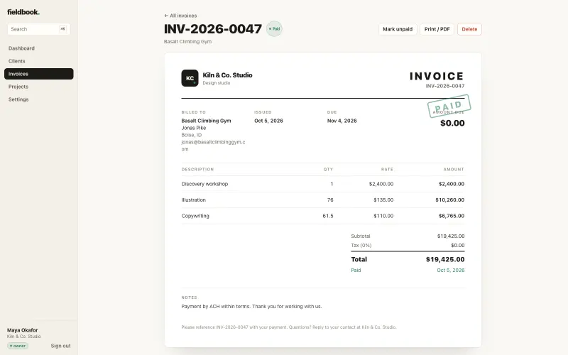 A Fieldbook invoice with line items, tax and total