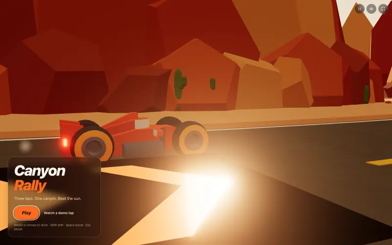 Canyon Rally's title screen over a flyover of the canyon