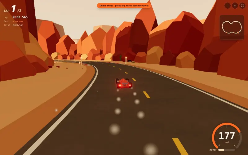 Canyon Rally gameplay: a race car on a canyon road at sunset, with a lap timer and speedometer