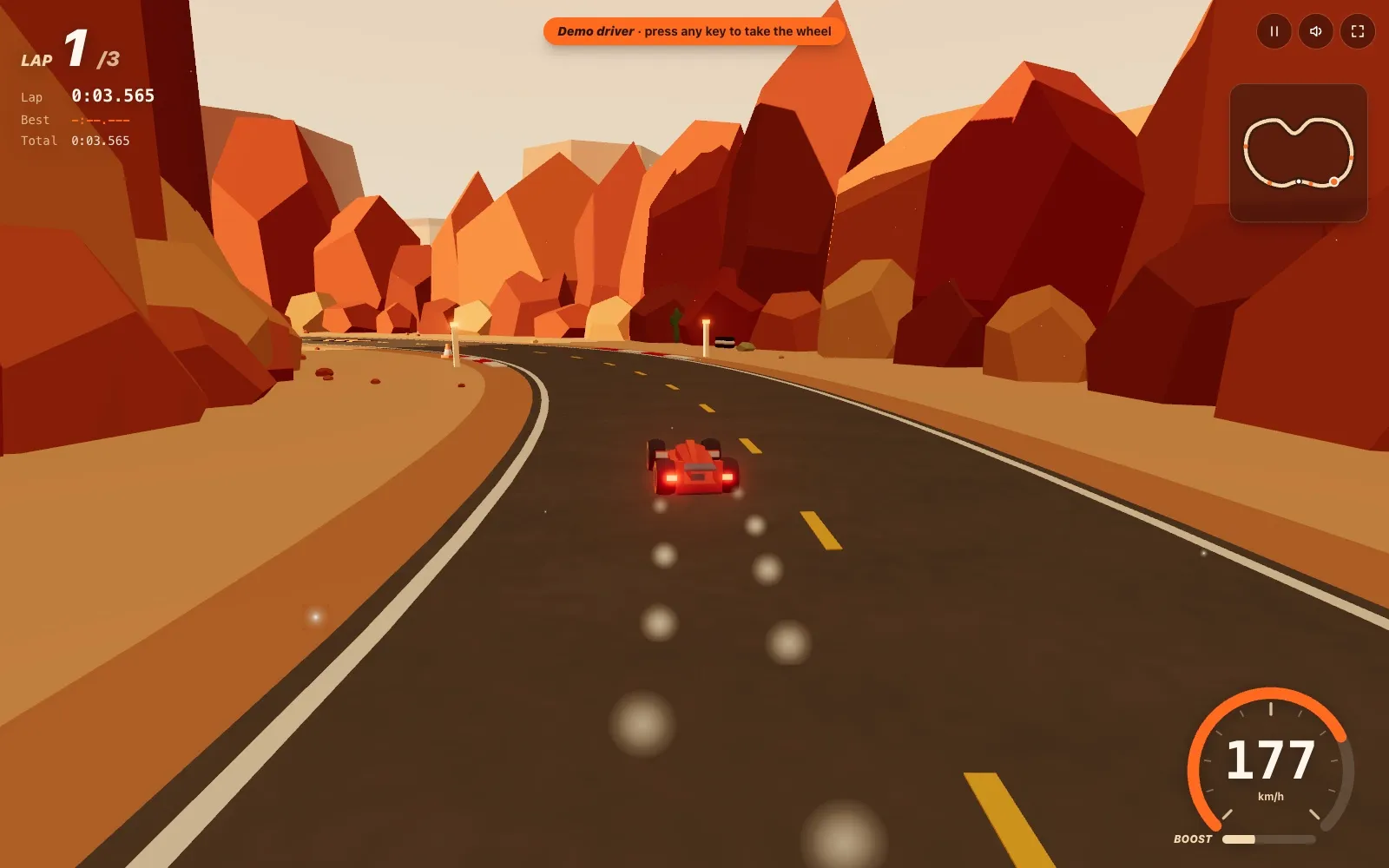 Canyon Rally gameplay: a race car on a canyon road at sunset, with a lap timer and speedometer