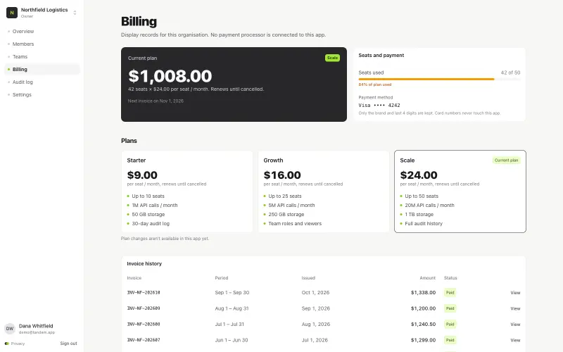 Tandem's billing page: the current plan, seat usage and invoice history