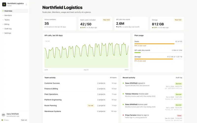 The Tandem overview: members, seats, API calls and a 90-day usage chart for one company