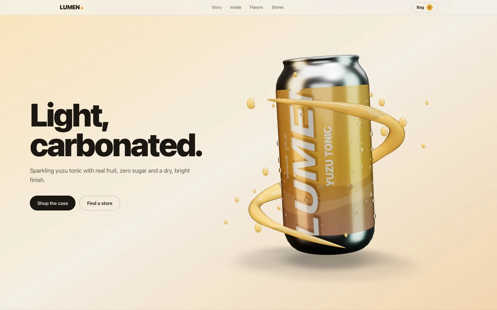 The LUMEN website: a 3D drink can lit like a studio shot, with a gold liquid swirl around it